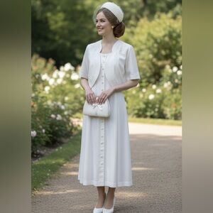 Vtg Ivory Button Front Bolero Jacket Dress Sz 8 60s Retro Inspired 90s Wedding